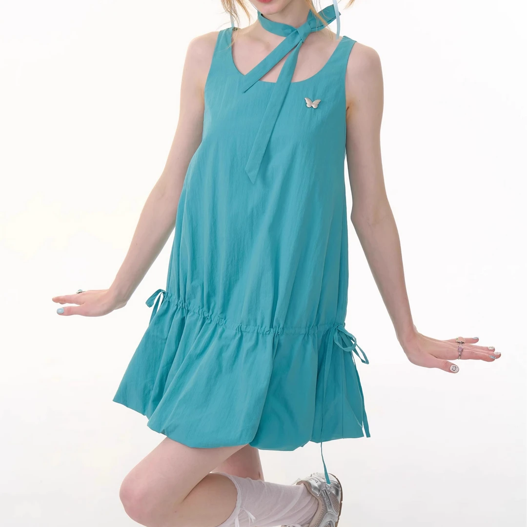 Crimson Twilight夏季吊带围巾领短裙娃娃领连衣裙抽绳lulu风