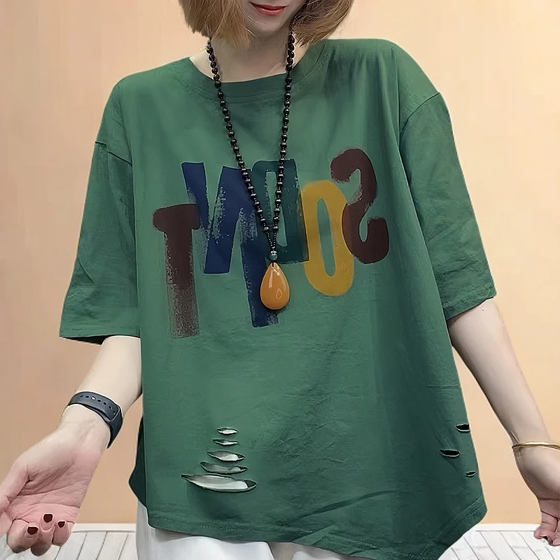 纯棉复古字母印花镂空短袖t恤网红爆款女装时尚潮牌不规则上衣服