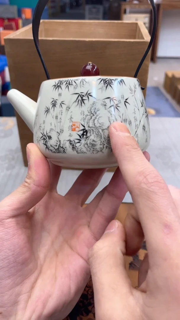 【闪购商品】瓷片@@@@@@@@@@@墨竹提梁壶+杯