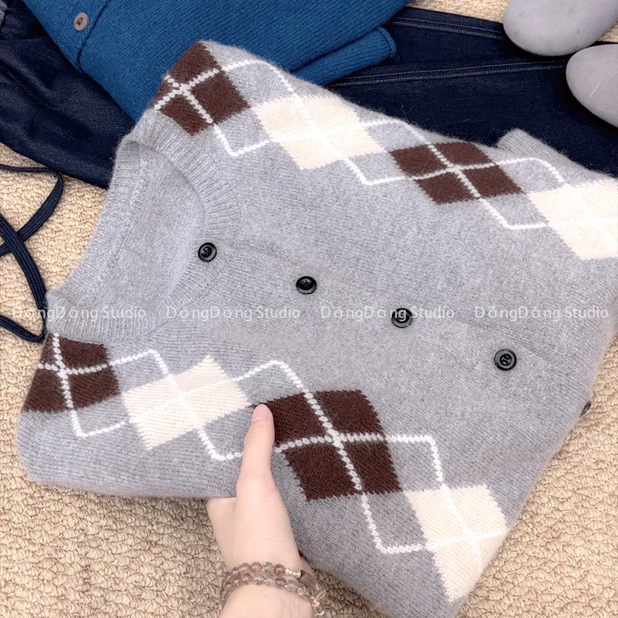 秋季新品【复古菱格】菱形提花圆领长袖针织开衫宽松毛衣外套 3568