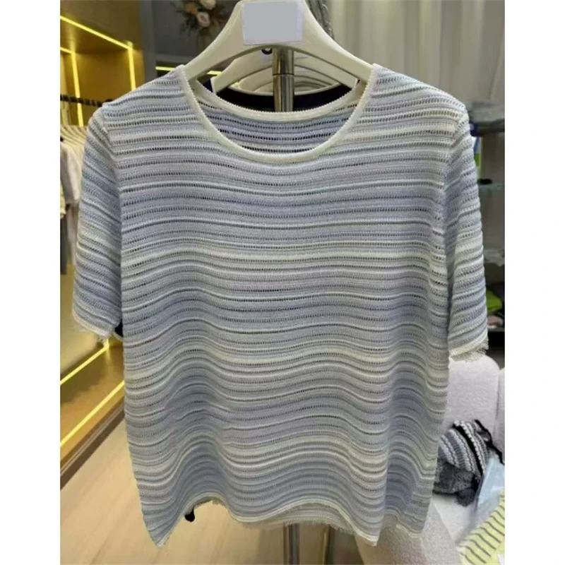 天丝条纹短袖半袖女t恤拼色套头透气时尚针织