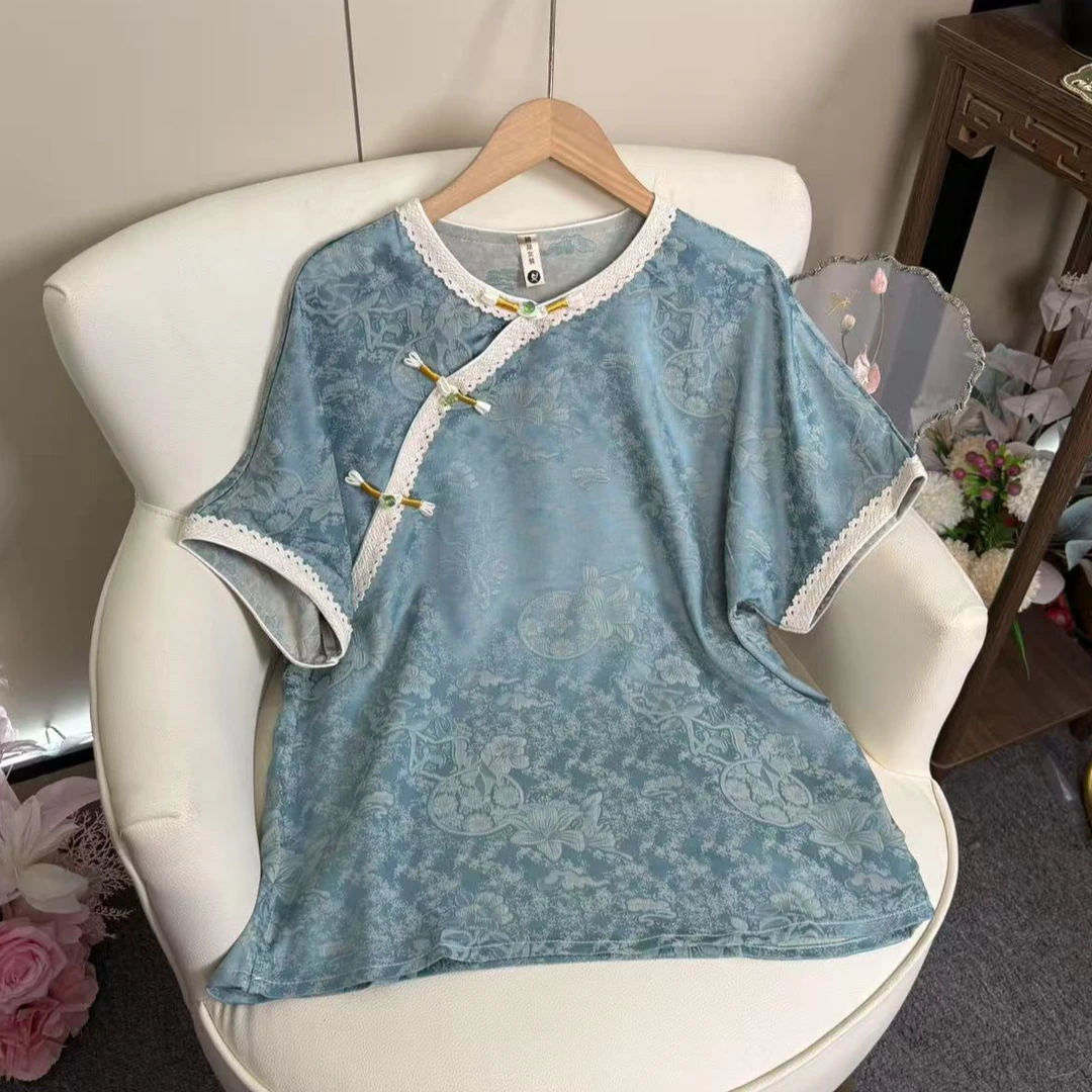 新中式缎面提花T恤上衣女短袖2025夏季复古国风洋气宽松显瘦小衫