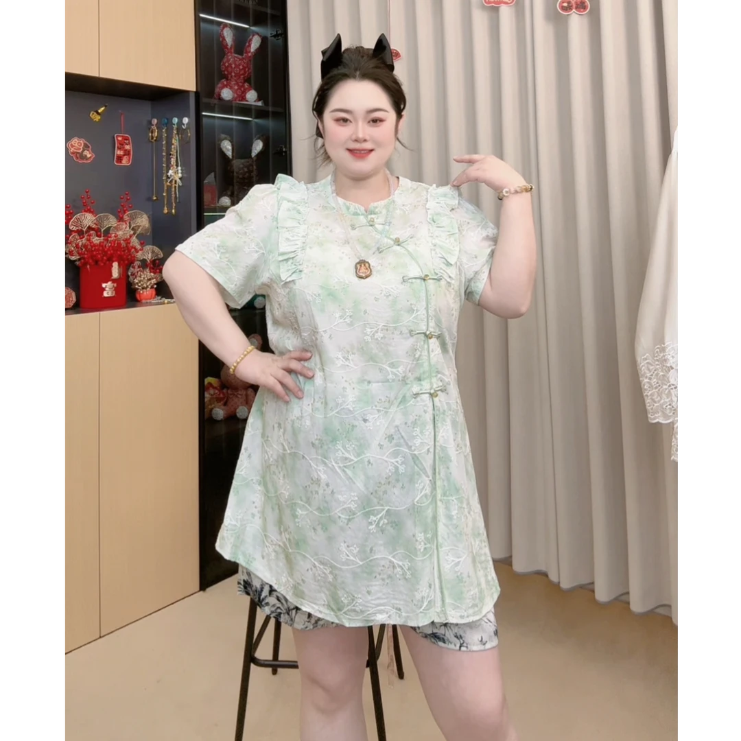 胖小旭新中式民族风套装盘扣刺绣改良旗袍两件套短裤连衣裙88350