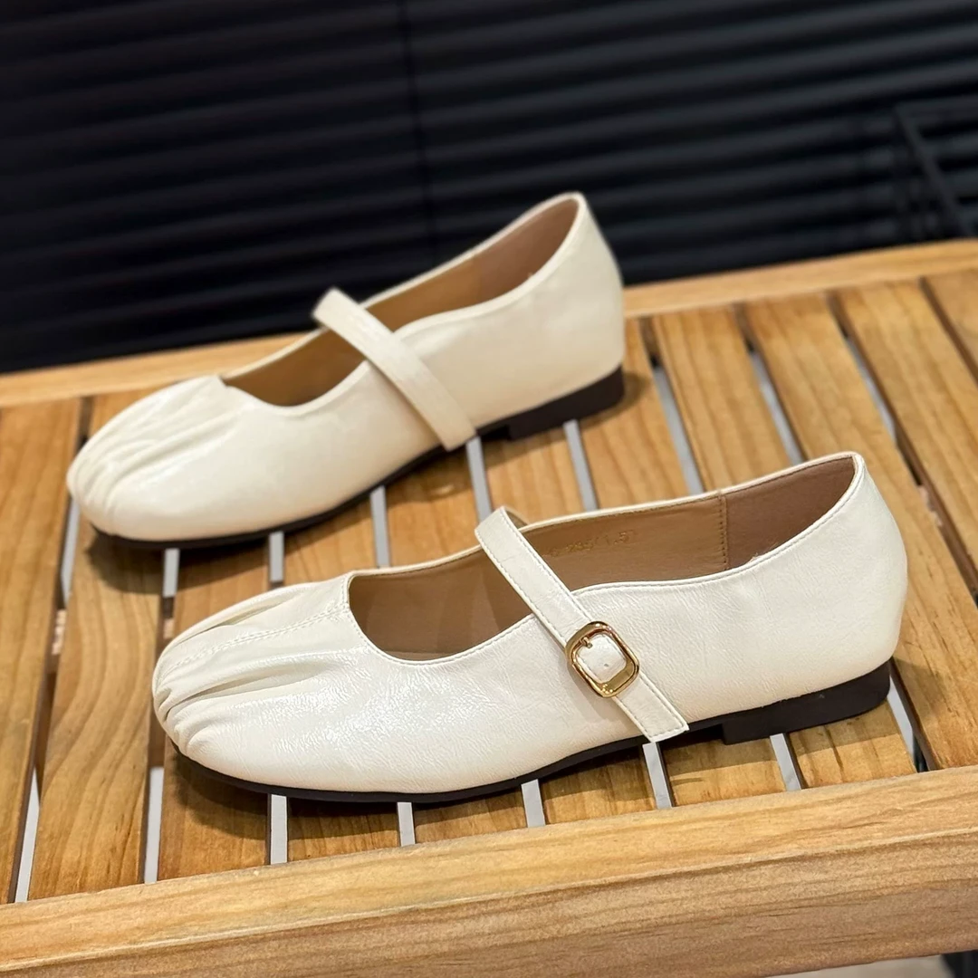 【头层牛皮 老彭同学】一字带褶皱平底单鞋323-5