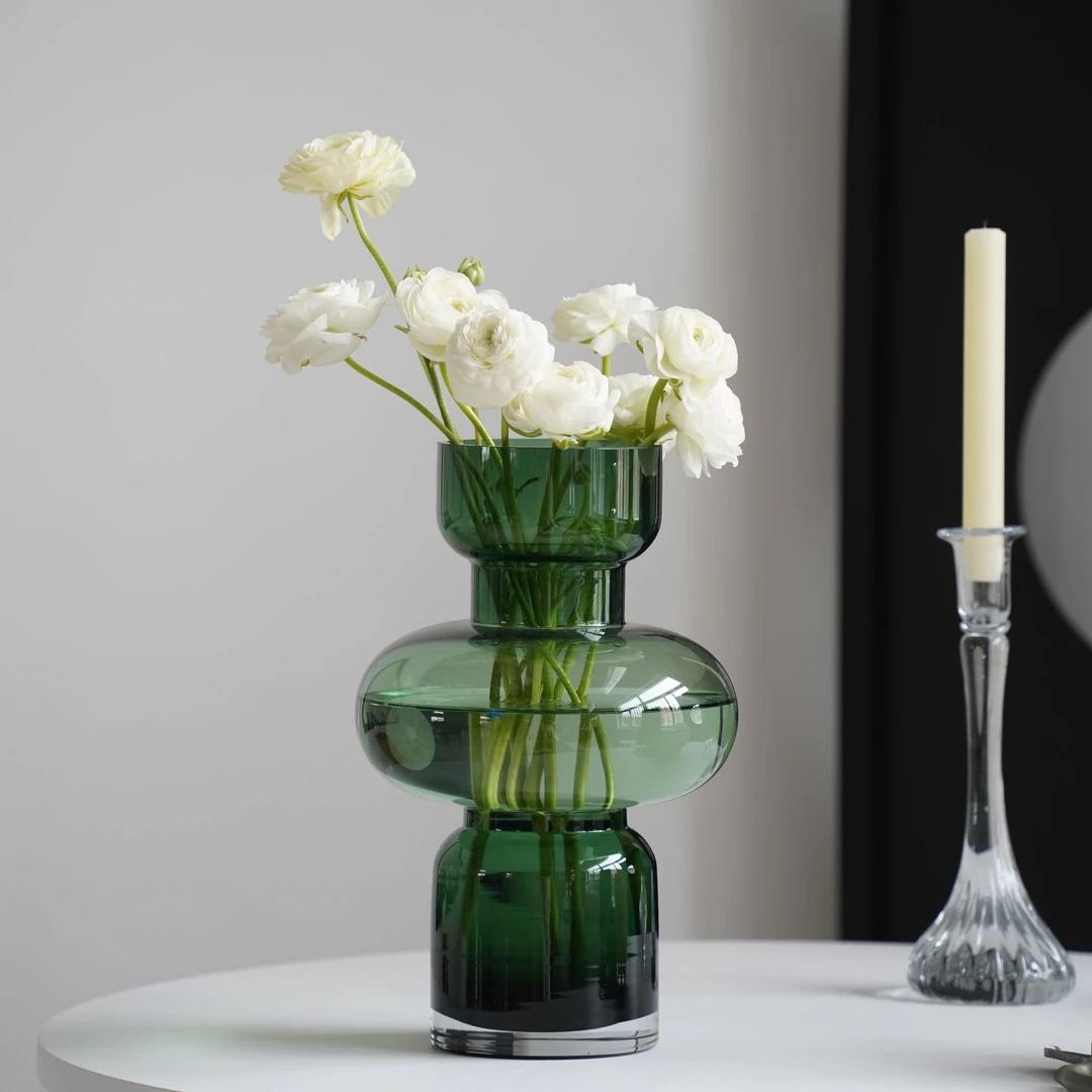高30cm简约玻璃花瓶家居摆件绿色插花透明花器水养鲜花植物瓶