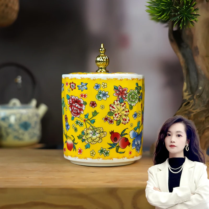 【百善瓷业】帝王黄万花茶叶罐