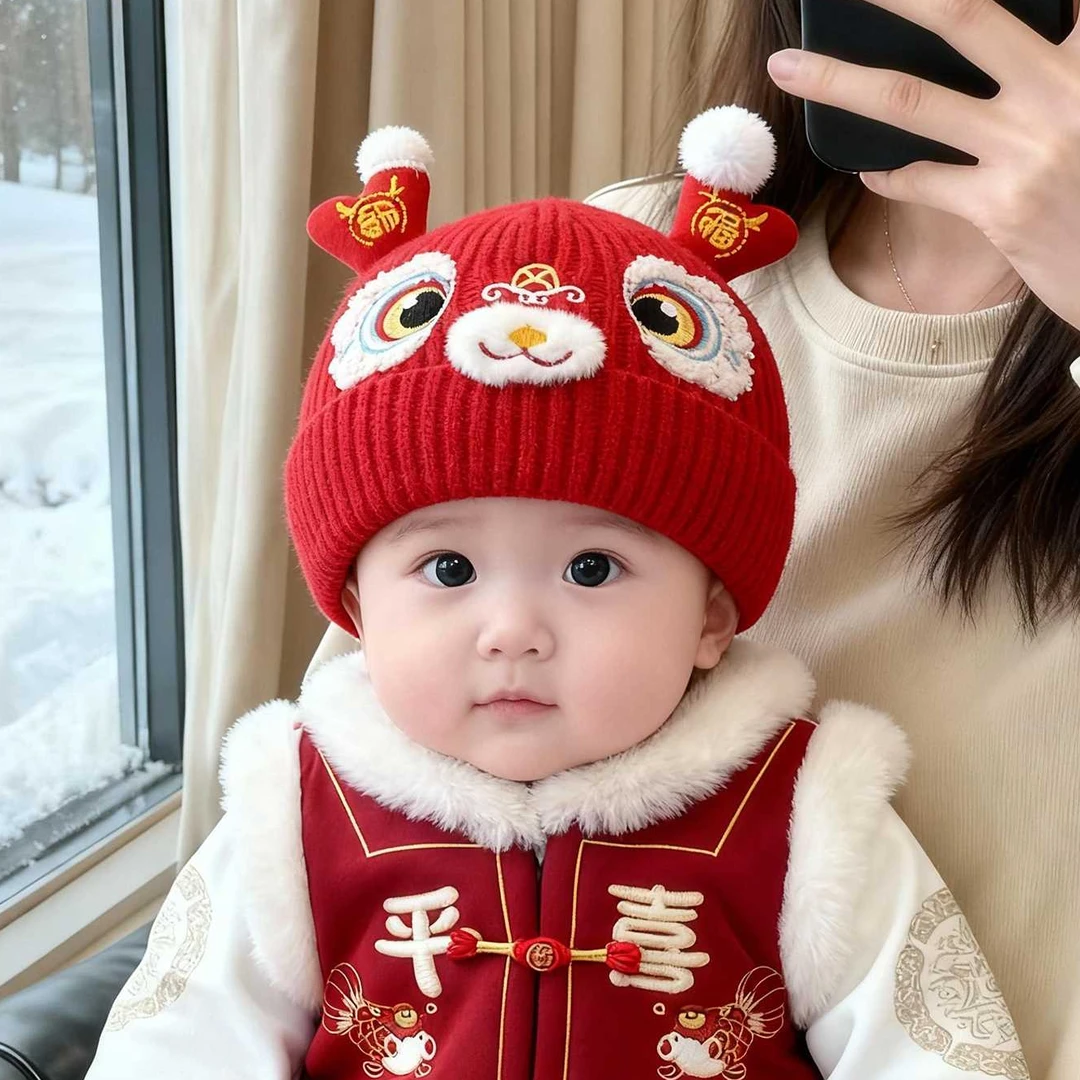 婴儿红色帽子秋冬季保暖加厚针织套头帽男童女宝宝喜庆新年毛线帽