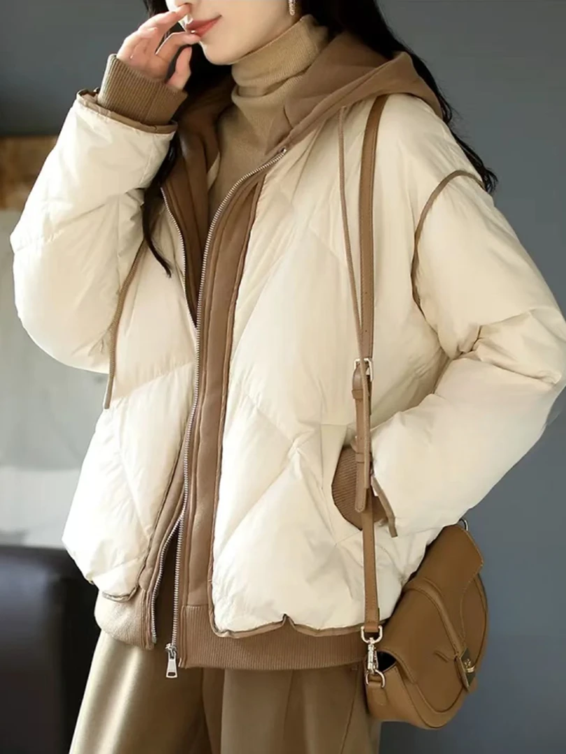 御寒神器！高级感慵懒风假两件拼接连帽羽绒服外套1020（D7-6）