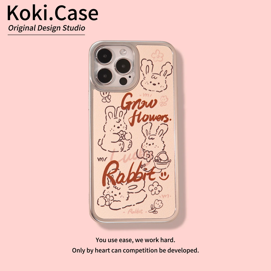 适用苹果16华为荣耀oppo小米vivo种花小兔电镀银框皮革软壳手机壳