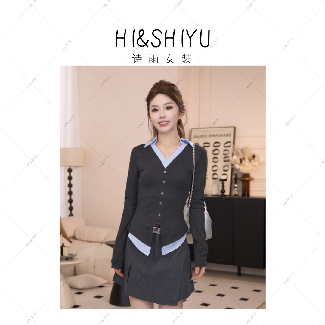 HISHIYU【学院少女】T恤显瘦小众设计感POLO领假两件修身长袖
