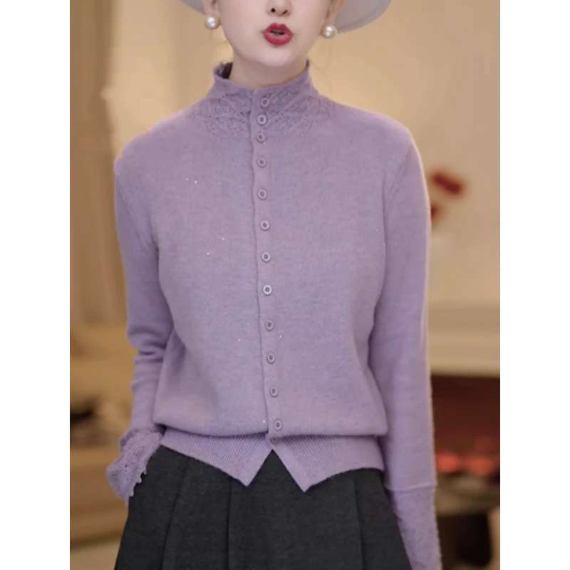 3870冬季新款时尚洋气打底衫毛衣潮高级感钩花设计半高领针织衫女