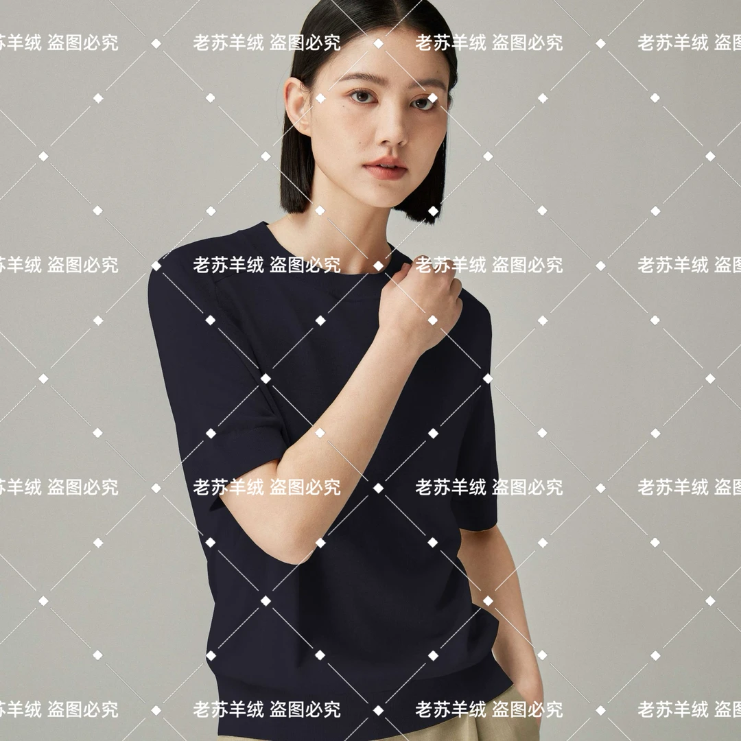 100%桑蚕丝【精纺120支】夏季圆领针织桑蚕丝短袖套头薄款透气 0007