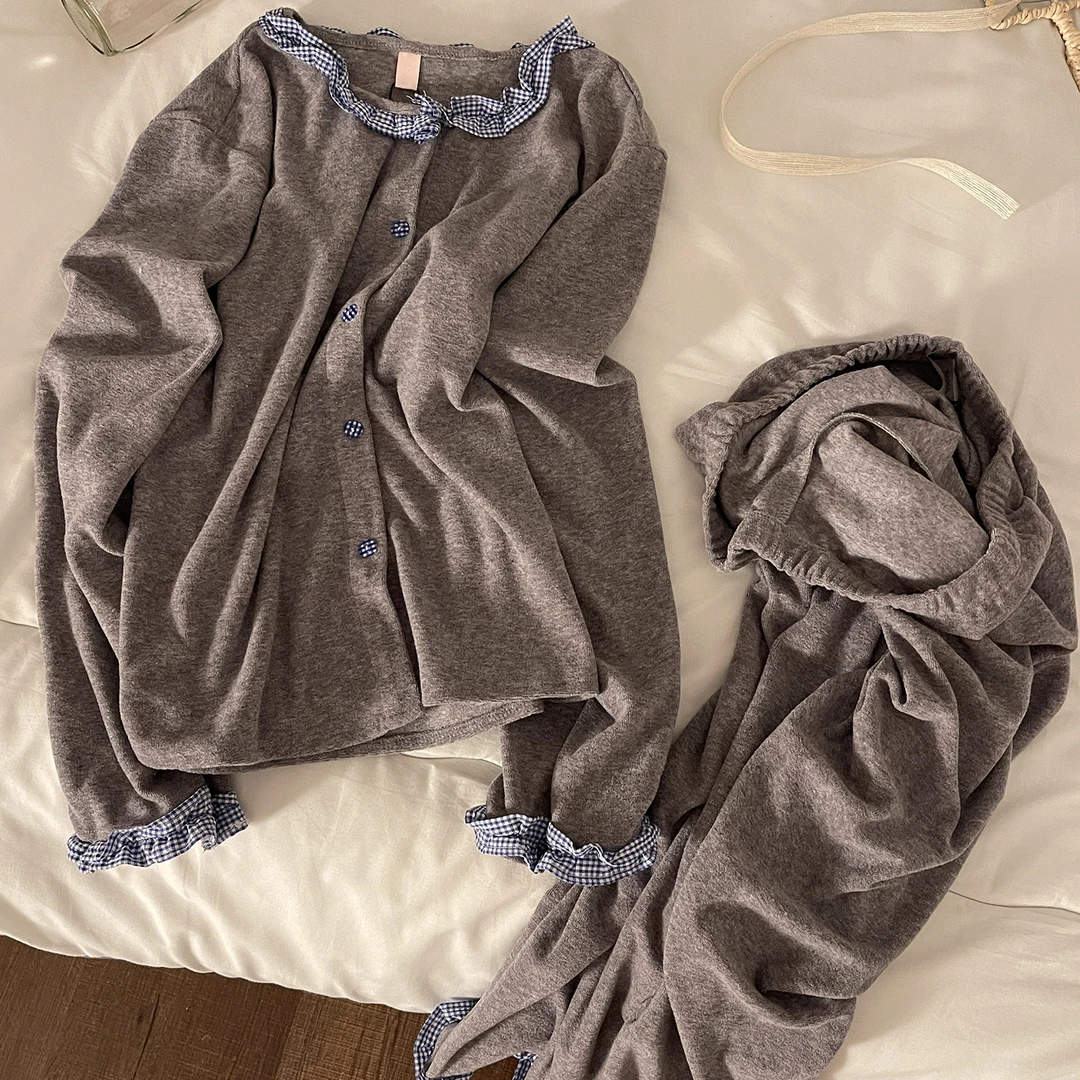 2025春秋长袖套装甜美风花边开衫德绒睡衣保暖可外穿家居服套装女