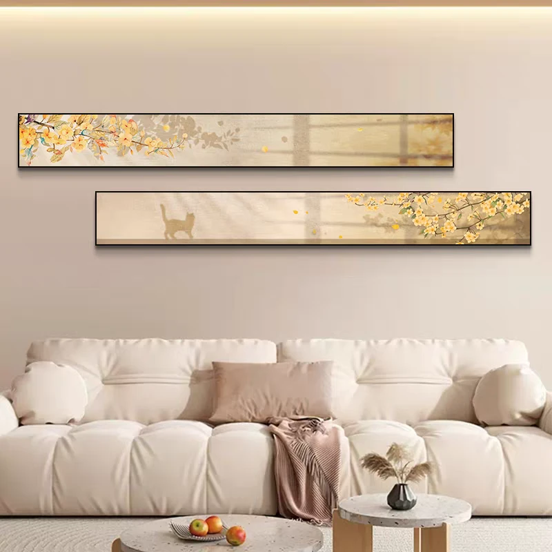 北欧原木风客厅装饰画绿植光影细长条挂画现代简约沙发背景墙壁画