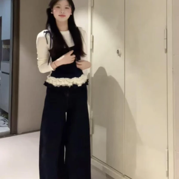 藏青色拼接假两件荷叶边打底衫女春秋显瘦ins潮时尚显瘦长袖上衣