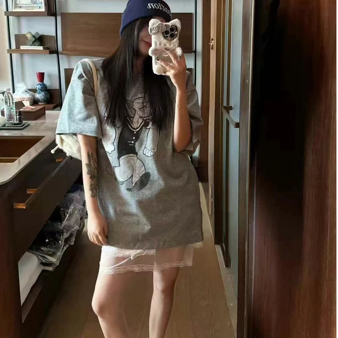 【Halo】se*u家大力水手2025早春新款蝴蝶结做旧印花宽松洋气短袖女