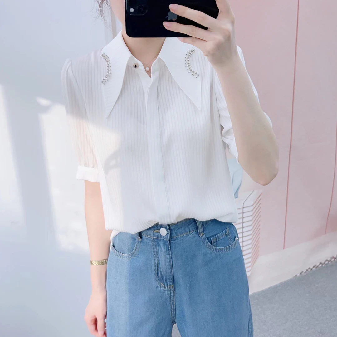 577气质韩版钻翻领开扣短袖小衫577钻领衫F3清