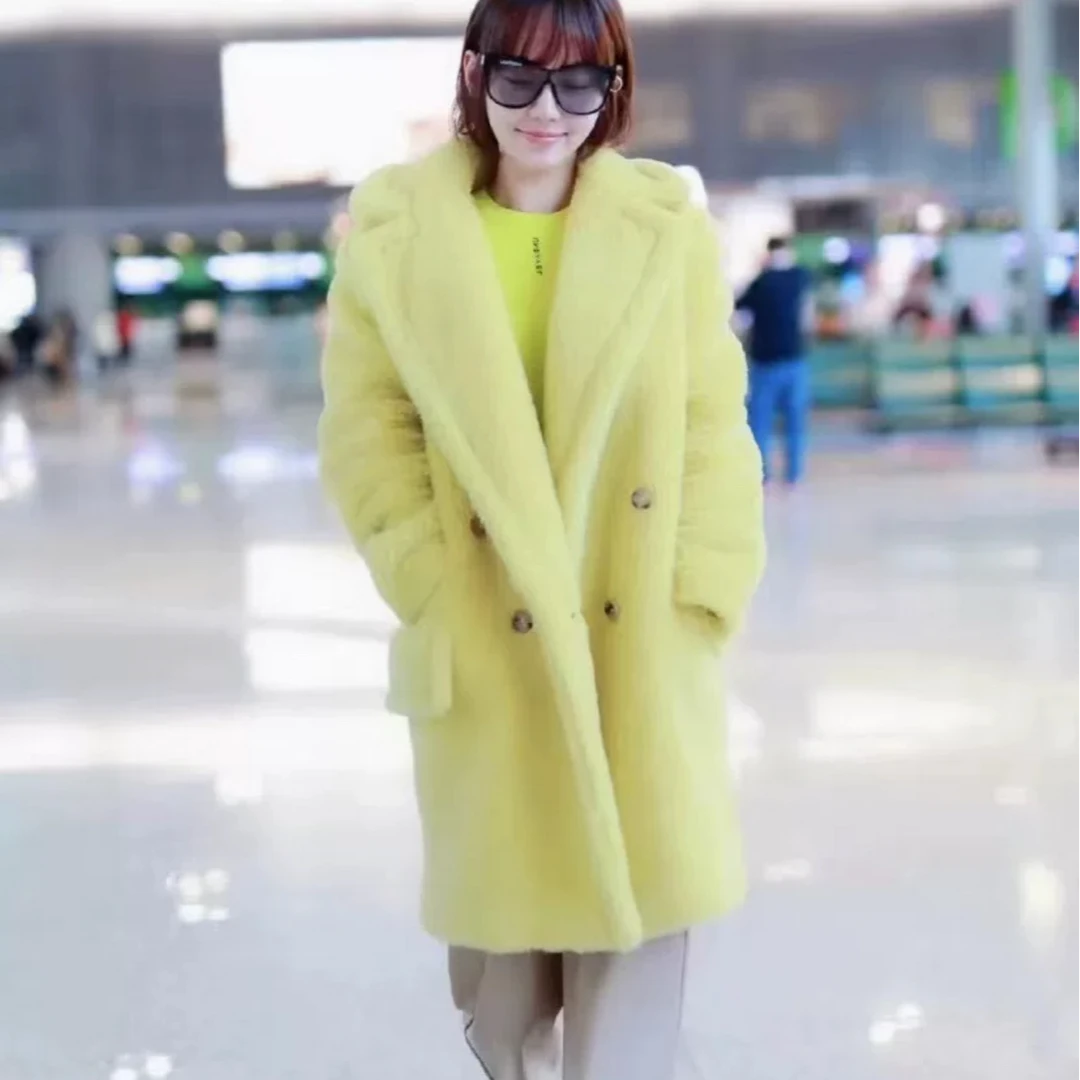99新 MaxMara 潮奢豆 严选/黄色泰迪羊驼毛双排扣大衣/X13196
