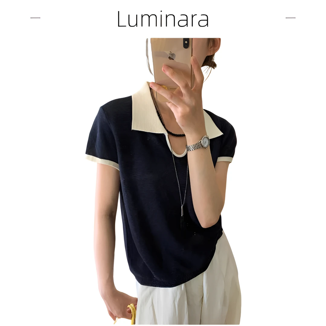 Luminara 2025夏季薄款拼色短袖套头款夏季毛针织衫短款欧若风
