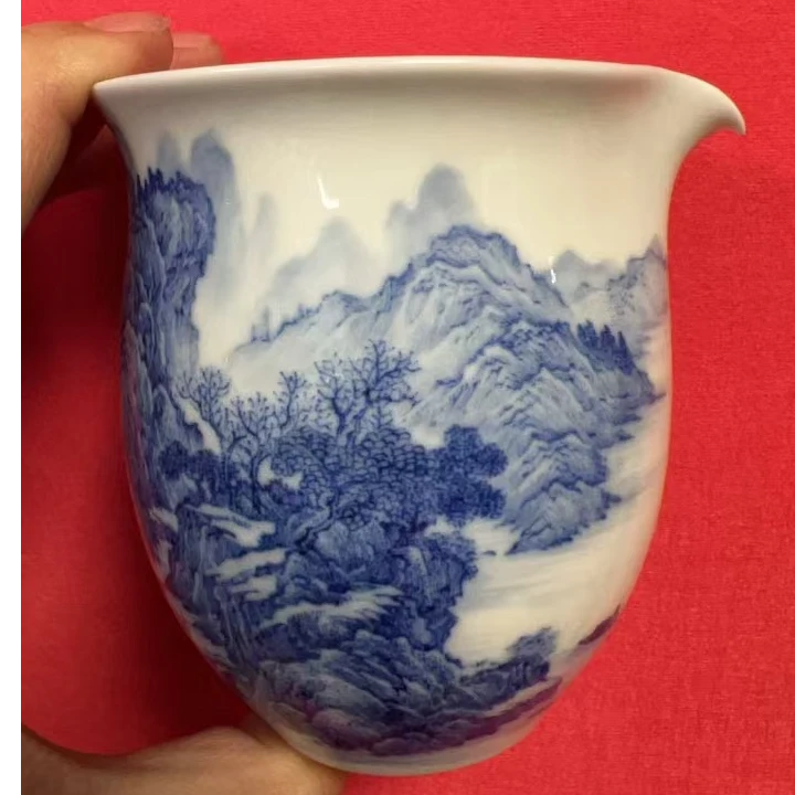 柴窑青花秋山草堂山水公道杯