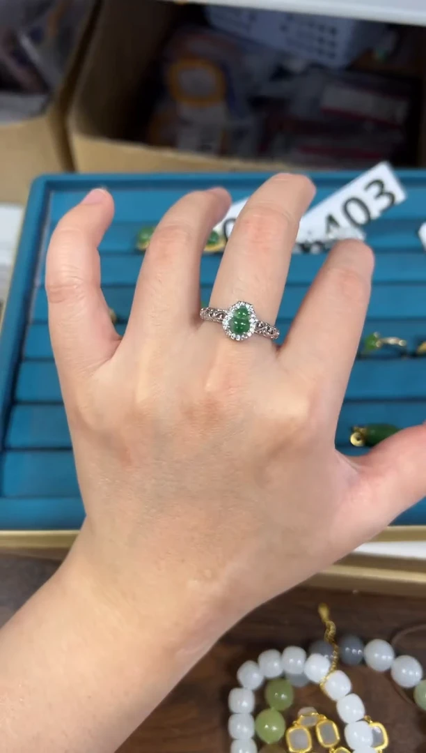 未镶嵌戒指翡翠天然绿翡翠葫芦银托戒指[6406]