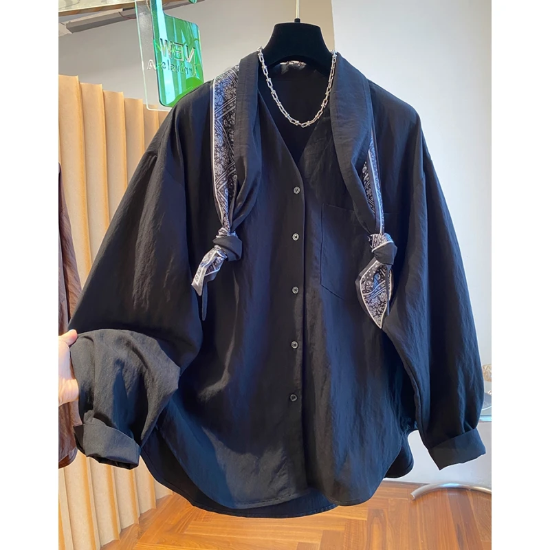 高级感丝巾系带披肩衬衫女长袖2025新款秋季宽松独特别致黑色上衣
