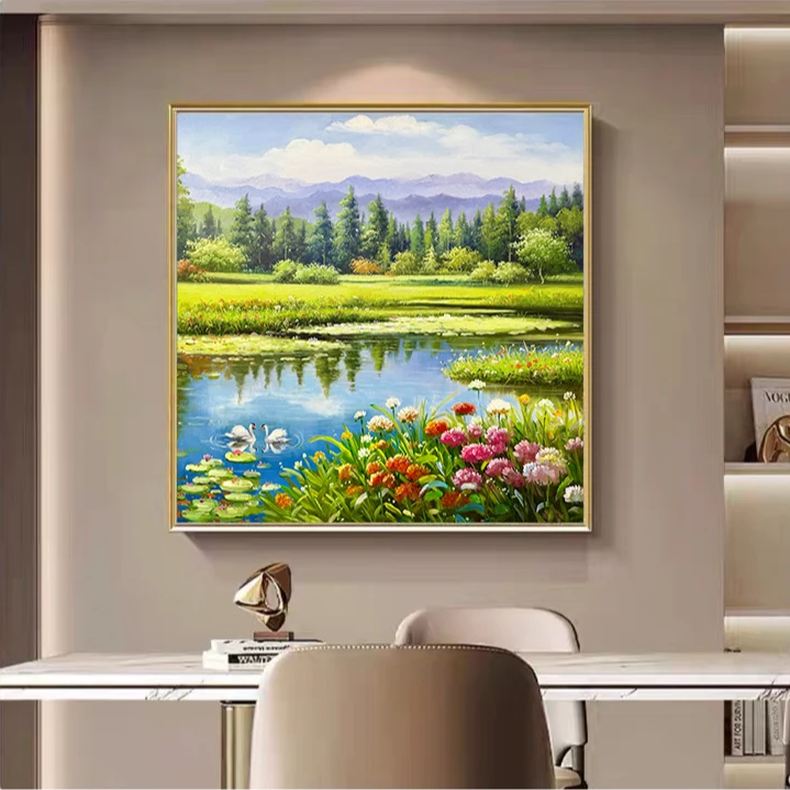 《天鹅湖畔》纯手绘油画田园风景餐厅玄关柜电表箱挂画高级感轻奢