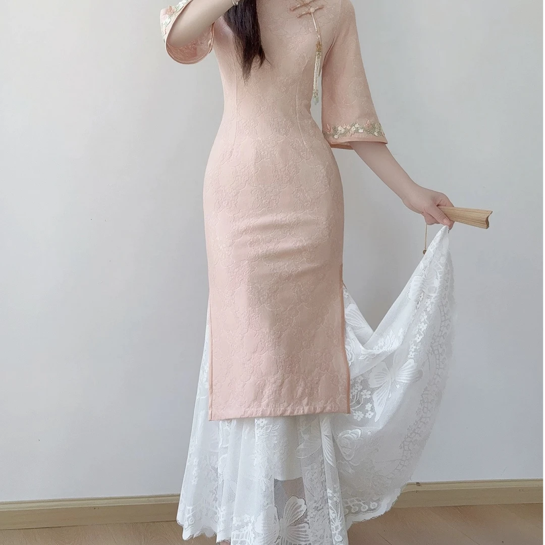 旗袍内搭衬裙蕾丝大摆半身裙松紧复古百搭旗袍打底长裙子遮胯显瘦