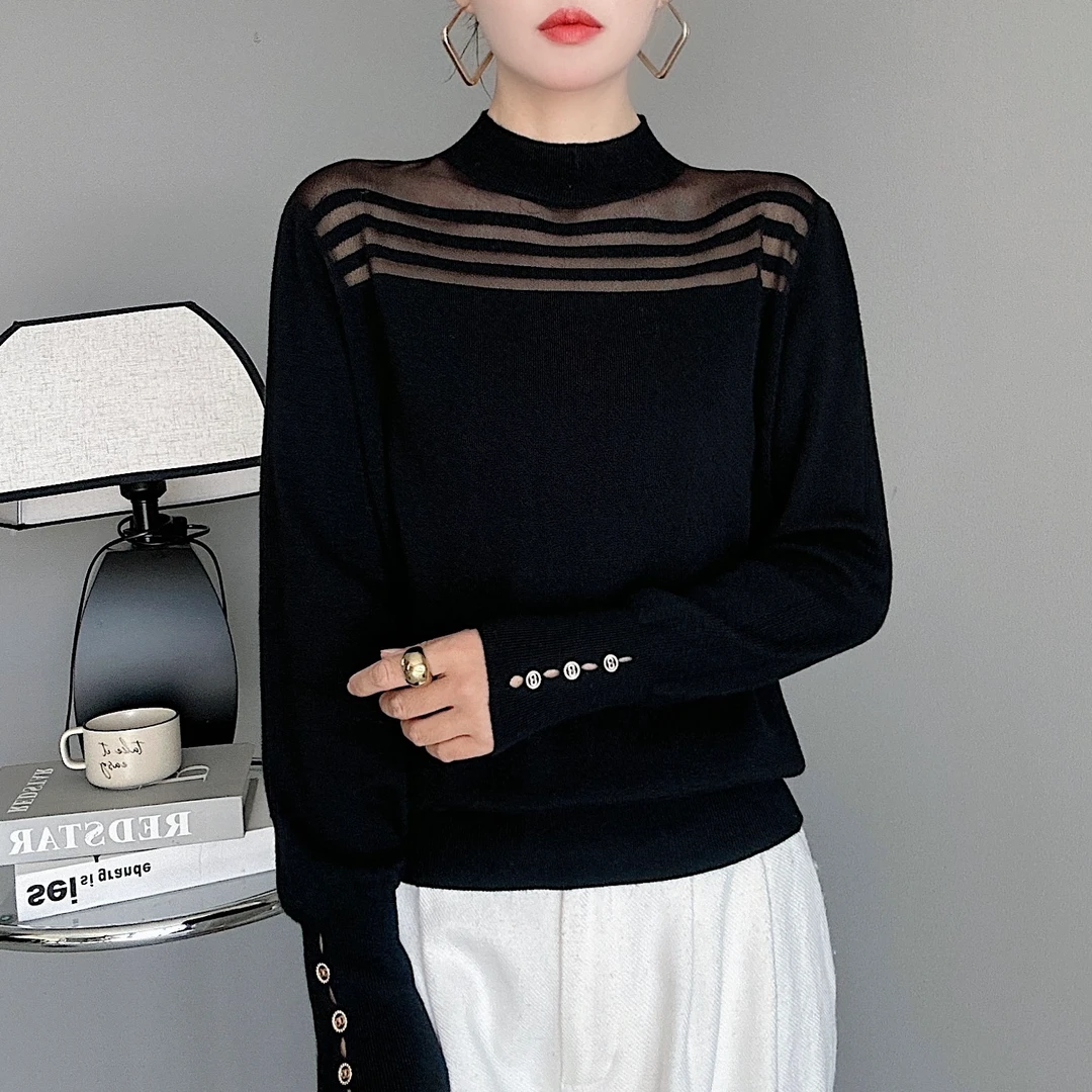 【以•恩】品牌工厂横条纹拼接打底羊毛衫显瘦气质时尚百搭大气