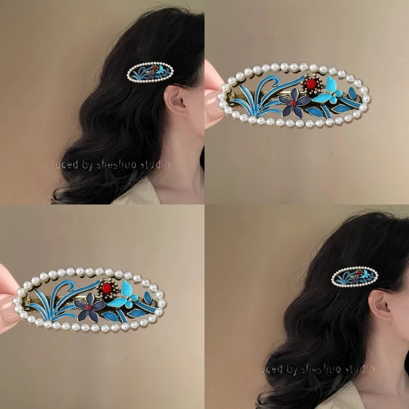 蓝调花语！珍珠花朵发夹！高级感小众气质新中式百搭小发饰2025发卡