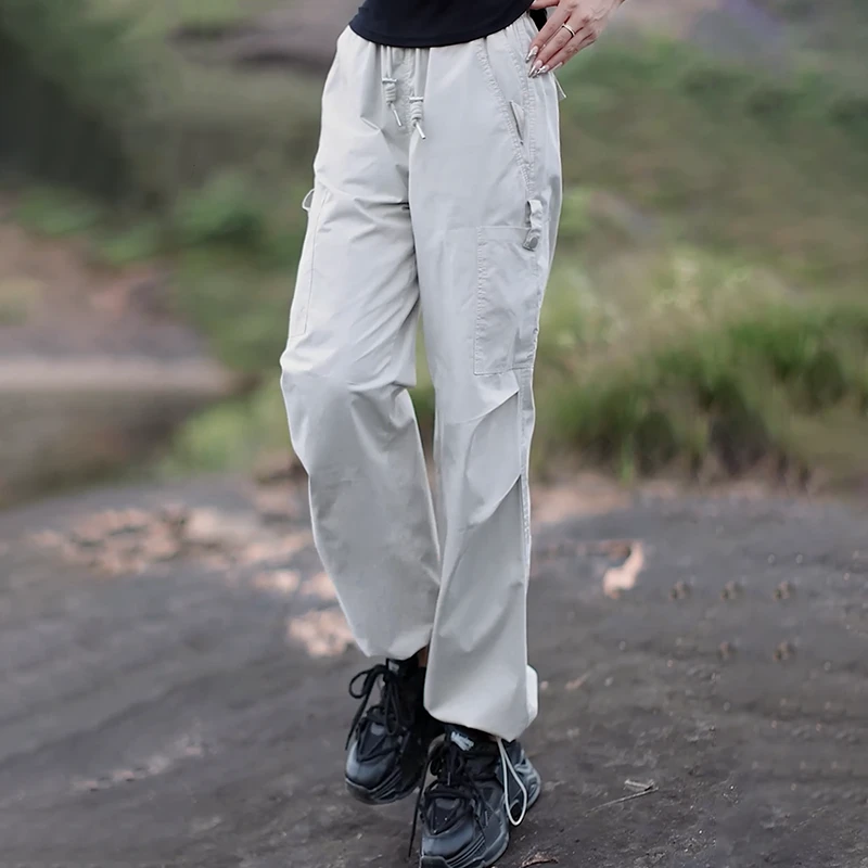 夏季爆款宽松百搭高腰抽绳束脚直筒阔腿工装裤工装裤女新款长裤