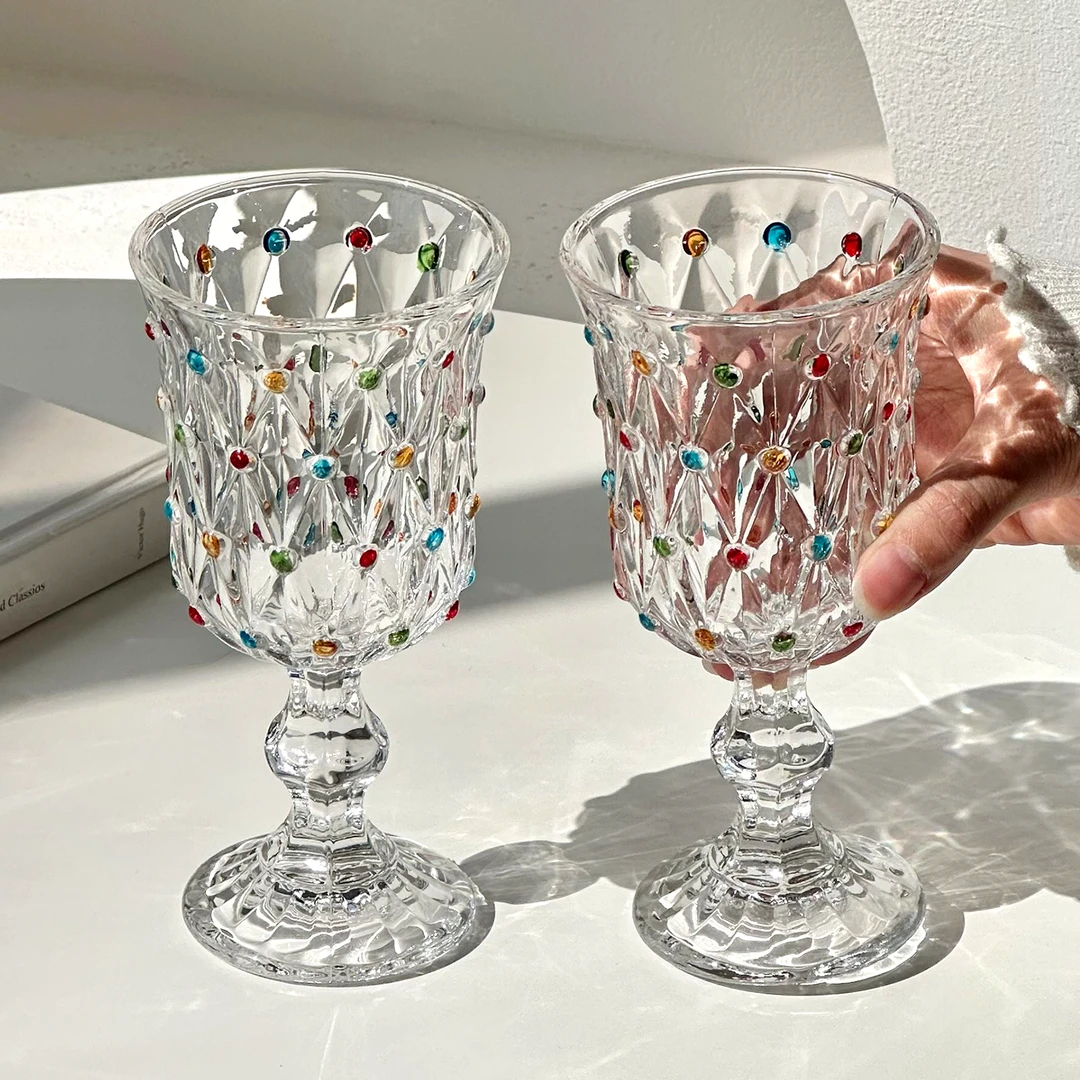 法式复古彩色珠点高脚玻璃杯家用高级感红酒杯香槟酒杯鸡尾酒杯