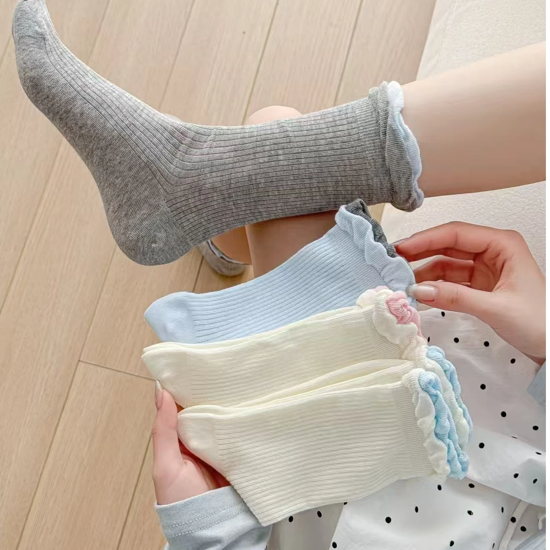 春夏日系撞色泡泡口花边中筒堆堆袜