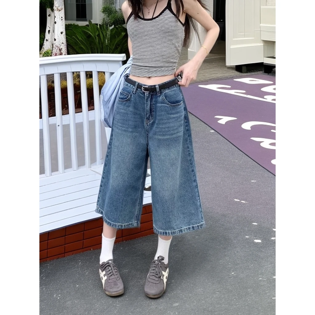 美式阔腿七分牛仔裤女2025年夏季新款7分裤显瘦直筒八分爆款裤子