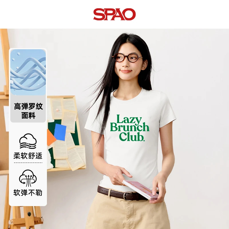 SPAO韩国同款正肩收腰短袖多巴胺2025夏衣服女圆领百搭修身上衣YC