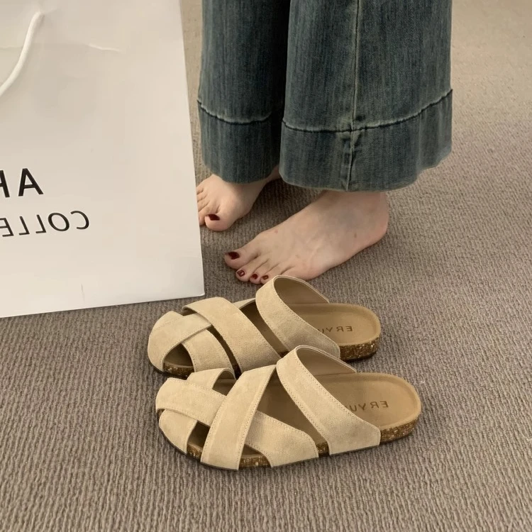 复古小众森系交叉带包头半拖鞋女2025夏外穿一脚蹬镂空丑萌勃肯鞋