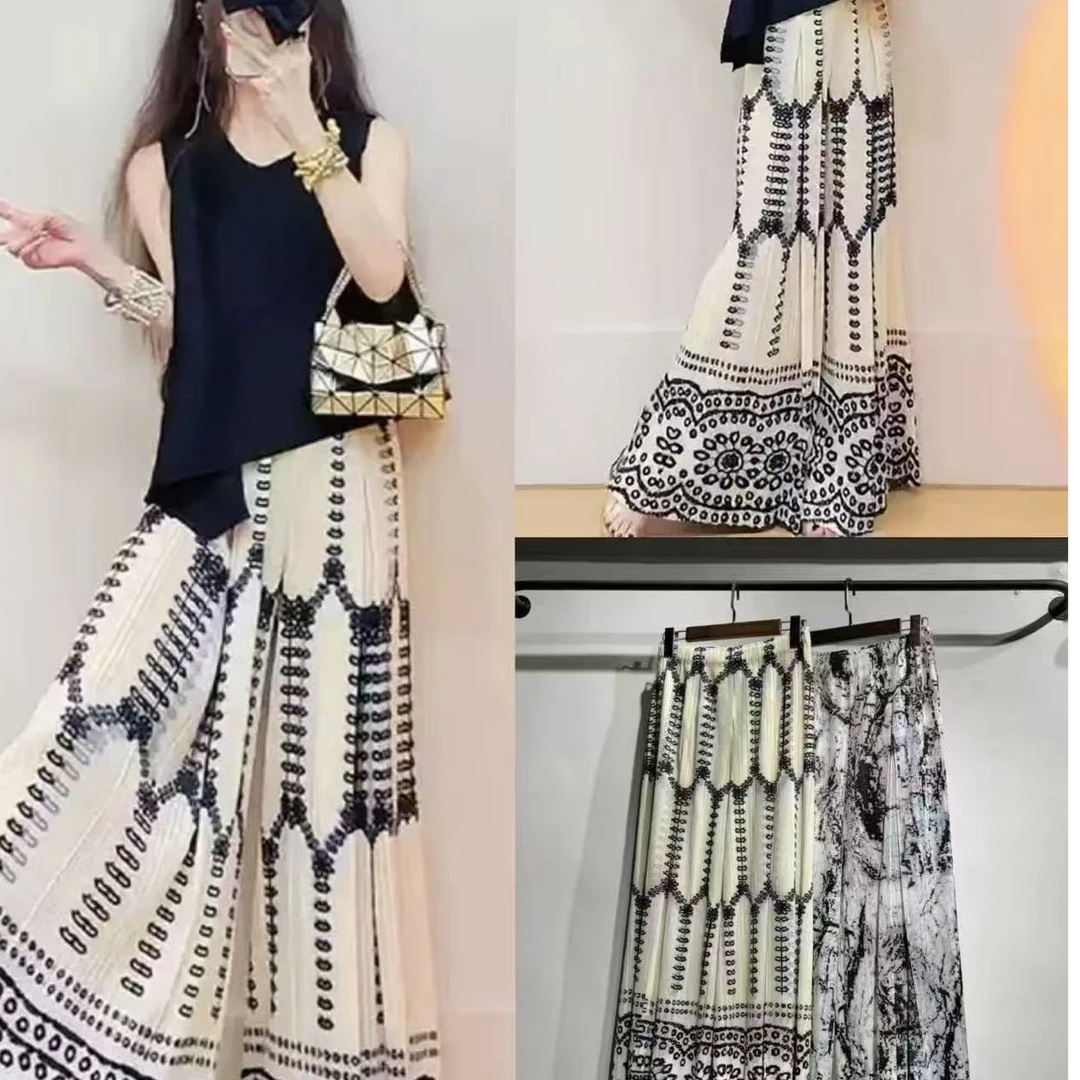 2025年夏三宅风压褶波西米亚休闲风显瘦阔腿拖地裤