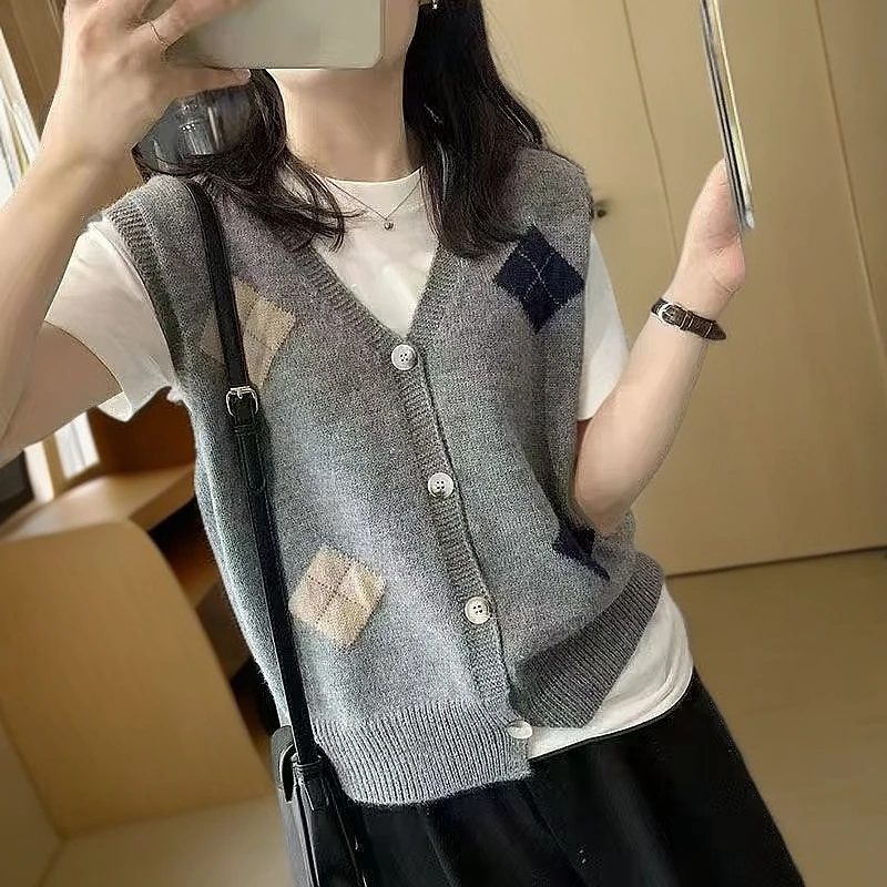 春秋新款时尚洋气百搭显瘦宽松休闲气质韩版拼色撞色针织开衫背心