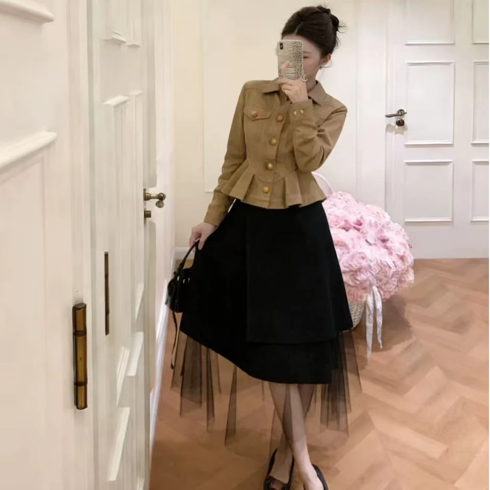 2026秋冬新款韩系复古千金风翻领收腰上衣高腰不规则设计感半身裙