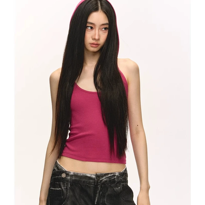 anna aneae露背连帽挂脖背心女夏外穿设计感辣妹修身红色无袖上衣