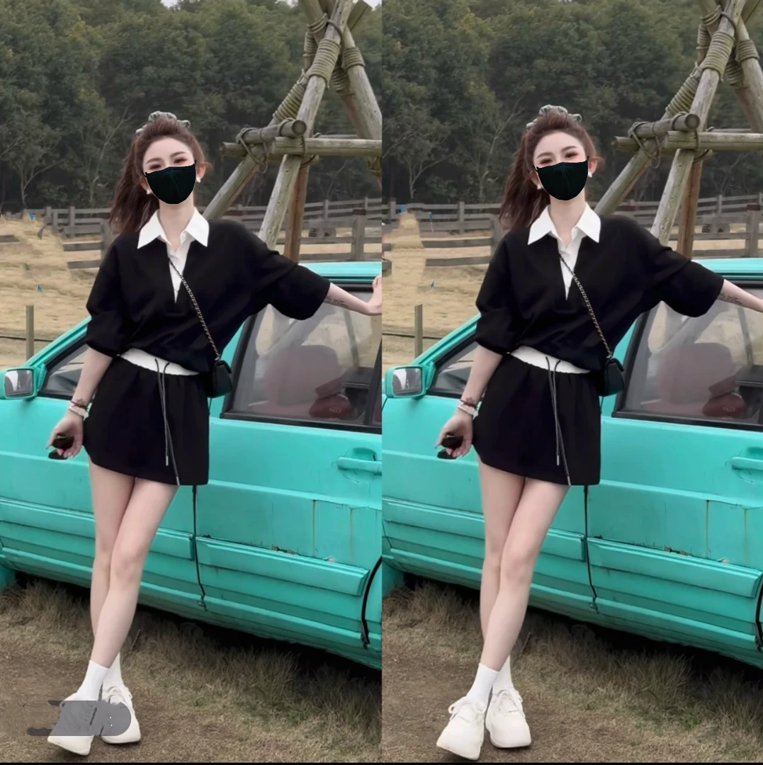 春上新！拼色领设计休闲学院风简约卫衣套装
