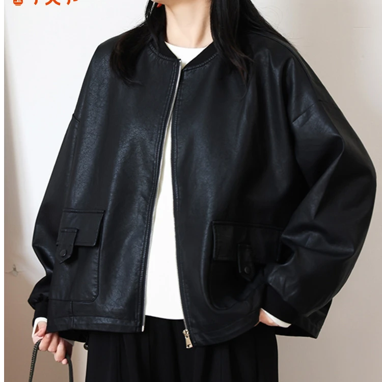 春秋休闲百搭大码长袖双口袋立领pu皮衣外套女宽松显瘦棒球服夹克