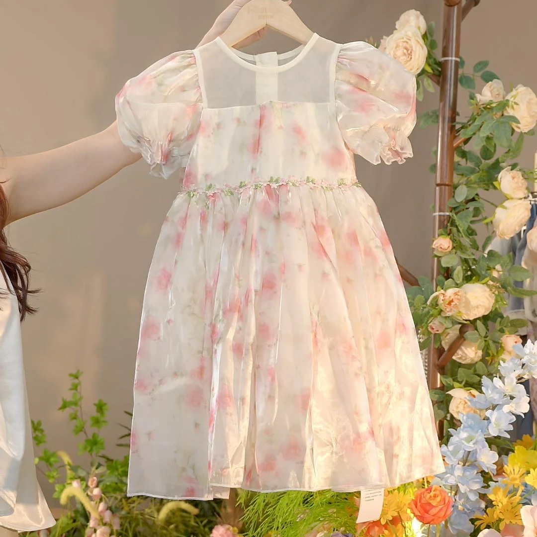 皇室童缘2025夏季女童仙女蝴蝶复古宫廷风缎面质感连衣裙