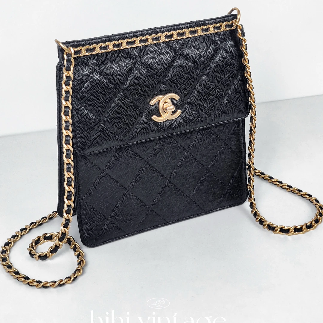 99新 Chanel/香奈儿  黑金荔枝纹牛皮滚边信封双肩包 芯片款 二店
