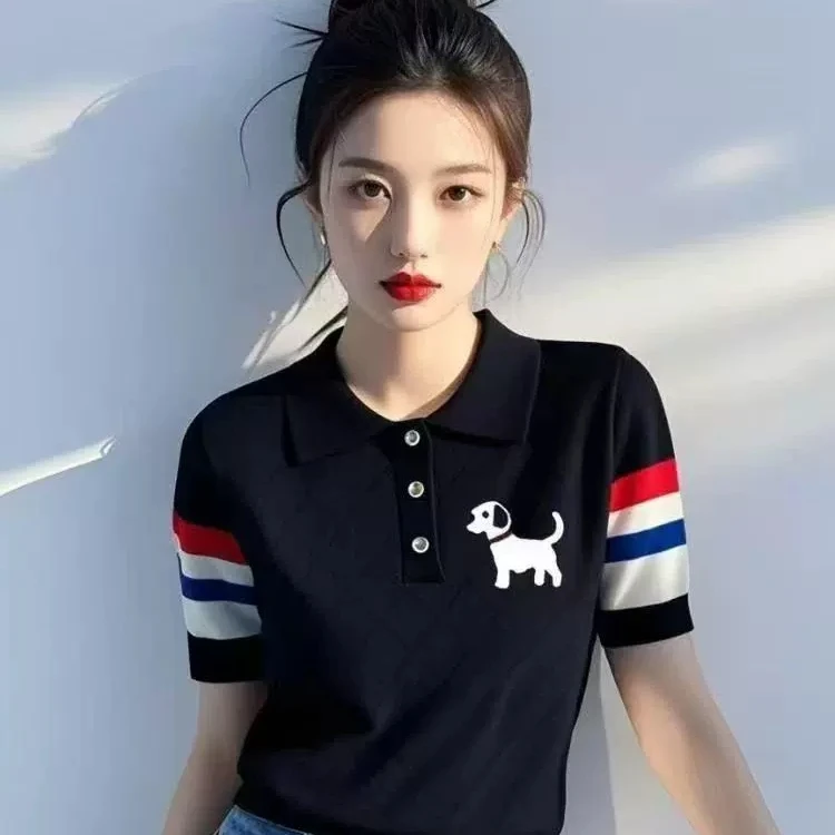 哥弟阿玛施正正品法式条纹短袖针织衫女polo领时尚夏季新款上衣女