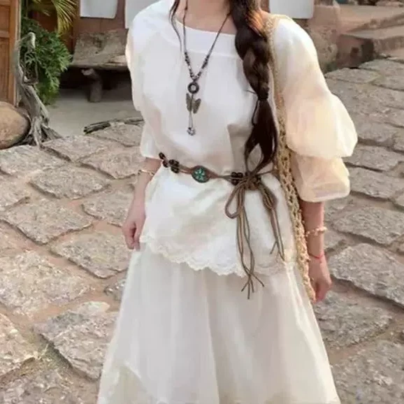 【鱼白专属】绣花灯笼袖上衣+大裙摆长半裙两件套海边度假套装