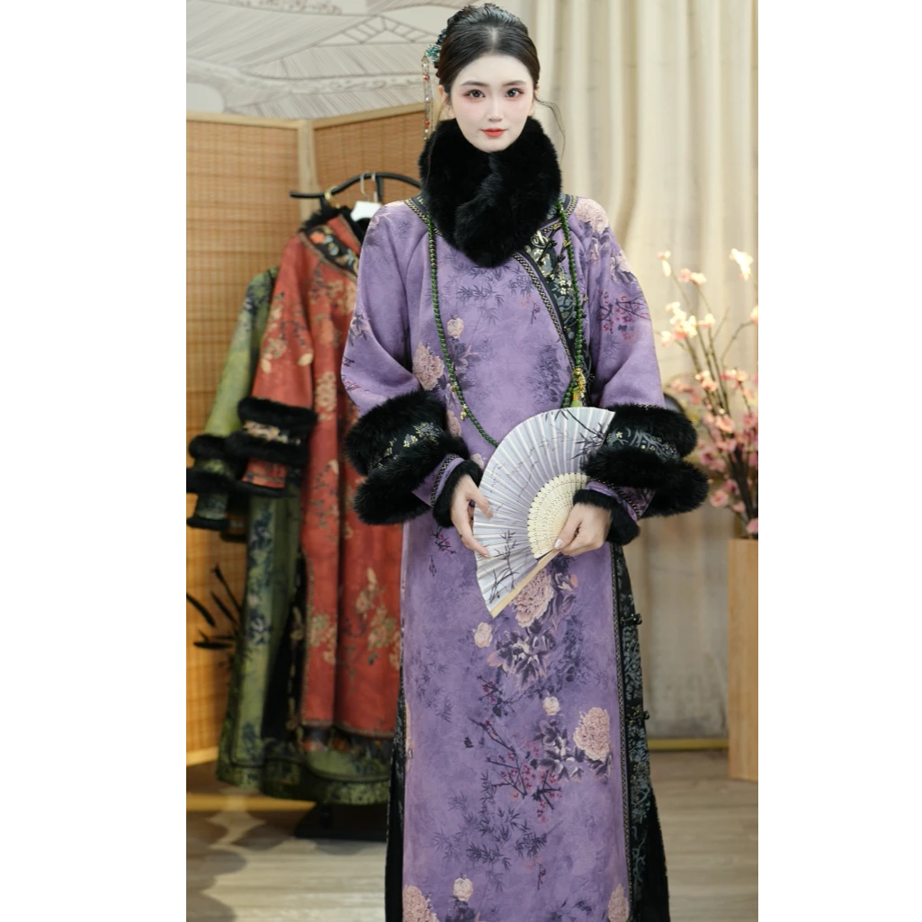 羽唐名2025冬季新款烟紫民族风加绒复古日常女装旗袍套装（5915）