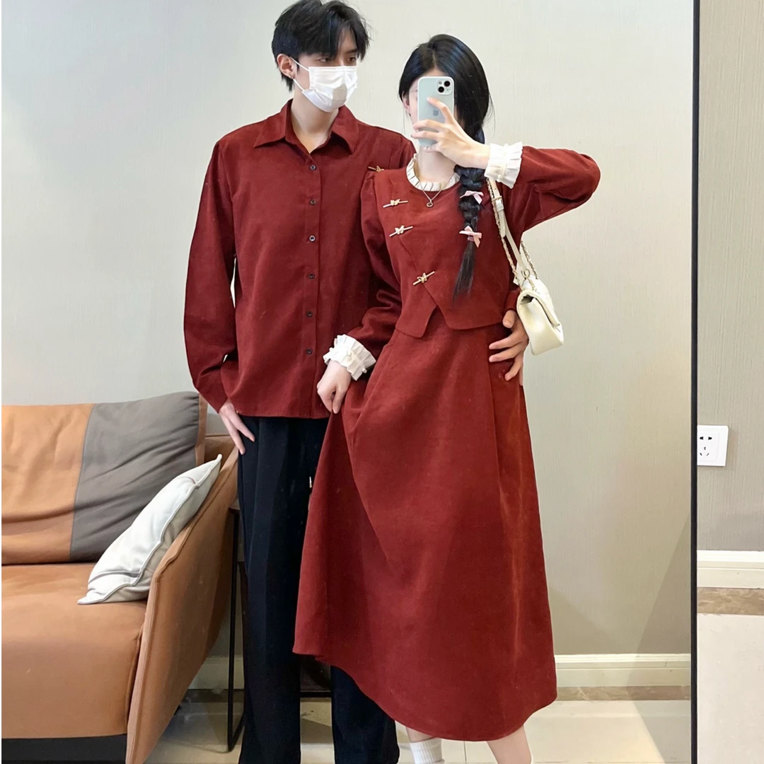 【两件装】情侣装秋冬季一裙一衣新中式红色气质收腰假两件连衣裙子