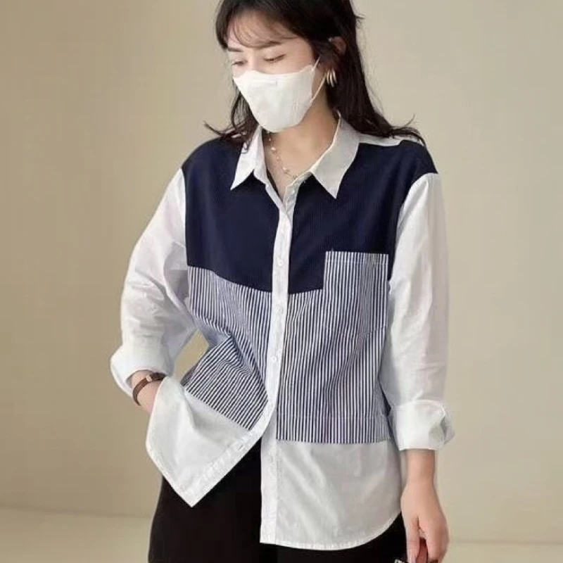 秋季个性拼色条纹休闲长袖衬衫宽松上衣小众高级感显瘦时尚衬衣