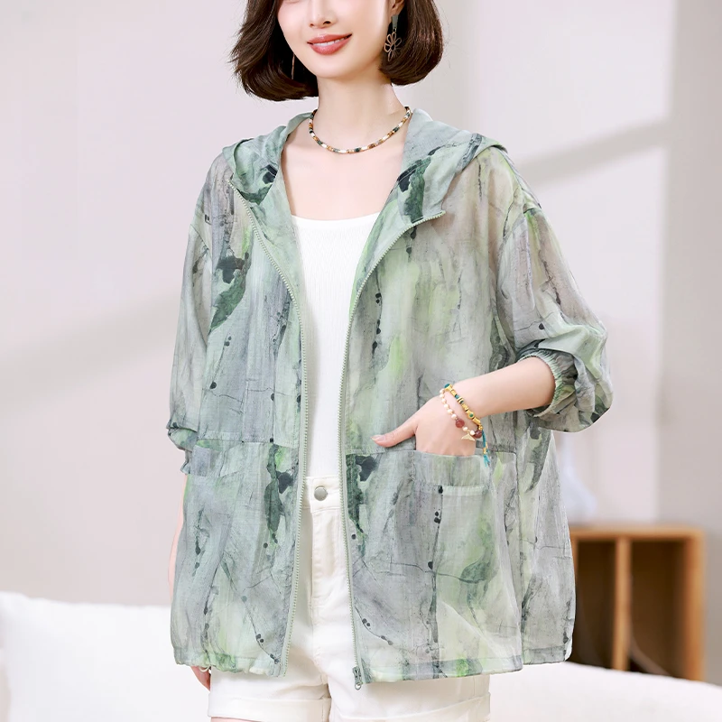 天丝轻薄衣女春夏季外套薄款时尚妈妈透气休闲大码花色服